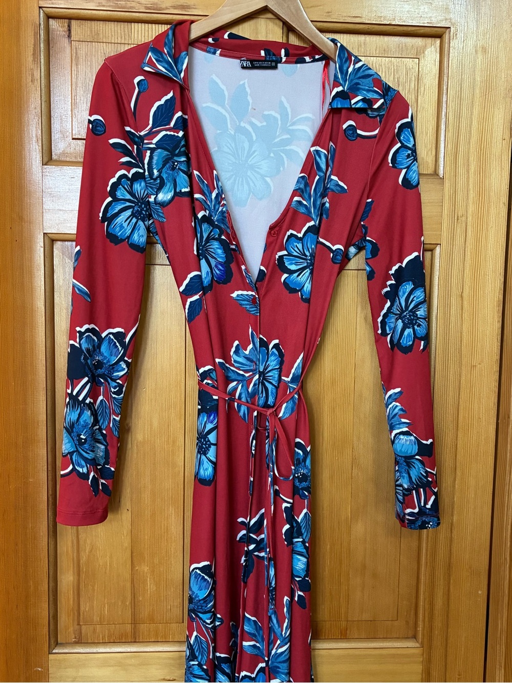 Zara Red Long-Sleeve button down wrap Dress with Blue Floral Print
